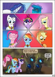 Size: 1024x1444 | Tagged: safe, artist:thunderelemental, derpibooru import, applejack, fluttershy, pinkie pie, rainbow dash, rarity, twilight sparkle, changeling, pony, comic:swarm rising, comic, disguise, disguised changeling, element of generosity, element of honesty, element of kindness, element of laughter, element of loyalty, element of magic, elements of harmony, female, image, mane six, mare, png, speech bubble