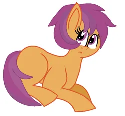 Size: 672x620 | Tagged: safe, artist:pepperjackpegasus, derpibooru import, oc, oc:sunset dreams, unofficial characters only, earth pony, 2013, frown, image, looking up, magical lesbian spawn, offspring, orange fur, parent:rainbow dash, parent:scootaloo, parents:scootadash, png, purple eyes, purple mane, simple background, sitting, solo, white background