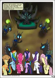 Size: 1600x2255 | Tagged: safe, artist:thunderelemental, derpibooru import, applejack, fluttershy, pinkie pie, queen chrysalis, rainbow dash, rarity, twilight sparkle, changeling, changeling queen, pony, comic:swarm rising, comic, disguise, disguised changeling, element of generosity, element of honesty, element of kindness, element of laughter, element of loyalty, element of magic, elements of harmony, female, image, jpeg, mane six, mare, single panel, speech bubble