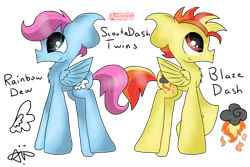 Size: 960x640 | Tagged: safe, artist:gallantserver, derpibooru import, oc, oc:blaze dash, oc:rainbow dew, unofficial characters only, pegasus, pony, 2016, blue eyes, blue fur, chest fluff, duo, english, image, looking up, magical lesbian spawn, male, males only, multicolored mane, next generation, offspring, parent:rainbow dash, parent:scootaloo, parents:scootadash, png, purple mane, red eyes, siblings, signature, simple background, smiling, transparent background, twins, yellow fur