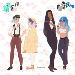 Size: 2048x2048 | Tagged: safe, artist:cryweas, derpibooru import, bon bon, lyra heartstrings, octavia melody, sweetie drops, vinyl scratch, earth pony, human, pony, unicorn, alternate hairstyle, belly button, belt, bowtie, bracelet, cap, clothes, dark skin, denim, dress, eyeshadow, feet, female, flats, grin, hat, humanized, image, jeans, jewelry, jpeg, lesbian, looking at each other, looking at someone, lyrabon, makeup, mare, midriff, monocle, nail polish, necktie, one eye closed, pants, sandals, scratchtavia, shipping, shirt, shoes, skirt, smiling, socks, stockings, suit, sun hat, suspenders, tanktop, thigh highs, toenail polish, vinyl's glasses, wink, wristband
