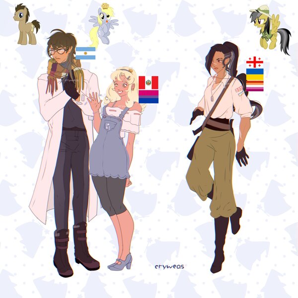 Size: 2048x2048 | Tagged: safe, alternate version, artist:cryweas, derpibooru import, daring do, derpy hooves, doctor whooves, time turner, earth pony, human, pegasus, pony, alternate hairstyle, argentina, bag, belt, bisexual pride flag, boots, bracelet, clothes, coat, cute, denim, derpabetes, doctorderpy, dog tags, ear piercing, earring, eye scar, facial scar, female, glasses, gloves, grin, hairband, hat, high heels, holster, humanized, image, jeans, jewelry, jpeg, knife, leggings, lesbian pride flag, male, mare, necklace, overalls, pants, piercing, ponytail, pride, pride flag, scar, scarf, shipping, shirt, shoes, size difference, smiling, stallion, straight, ukraine, ukraine flag, waving