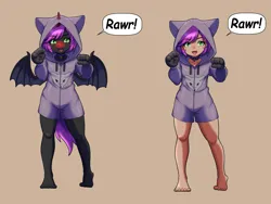 Size: 10000x7500 | Tagged: safe, artist:chedx, derpibooru import, nightmare moon, oc, oc:midnight moon, anthro, bat pony, fox, human, undead, vampire, vampony, barefoot, clothes, collar, cute, fangs, feet, hoodie, humanized, image, png, rawr, wings