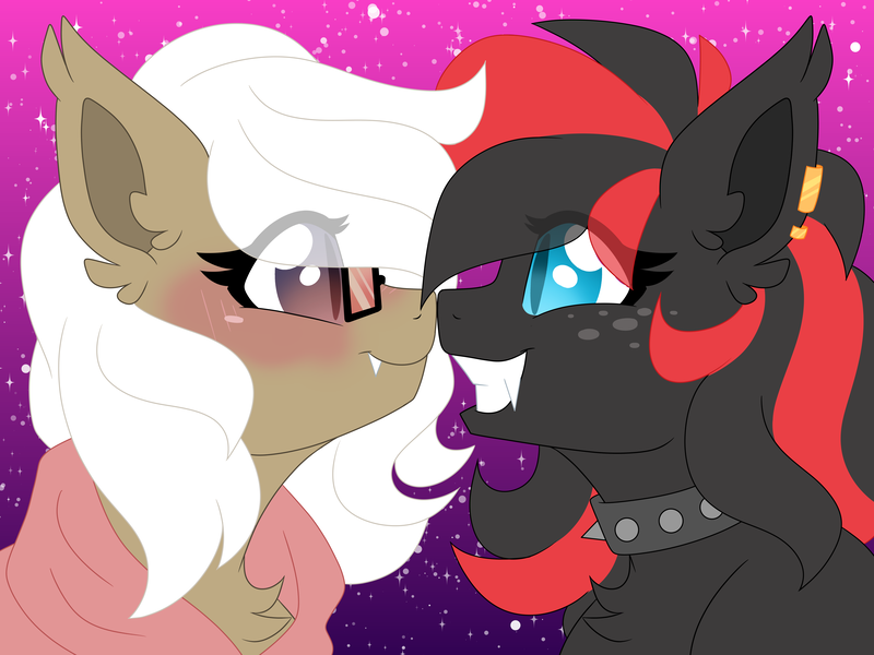 Size: 8000x6000 | Tagged: safe, artist:crazysketch101, derpibooru import, oc, oc:aurora blossom, oc:scarlet harmony, bat pony, pony, blushing, choker, clothes, ear piercing, earring, freckles, hoodie, image, jewelry, nose to nose, piercing, png, shipping, spiked choker