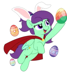 Size: 4333x5000 | Tagged: safe, artist:jhayarr23, derpibooru import, oc, oc:greenfeather, pegasus, pony, bunny ears, cape, chest fluff, clothes, easter egg, female, image, mare, png, solo