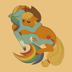 Size: 1280x1280 | Tagged: safe, artist:flightless-fox, derpibooru import, applejack, rainbow dash, earth pony, pegasus, pony, appledash, applejack's hat, cowboy hat, cuddling, female, hat, image, lesbian, mare, png, shipping, simple background