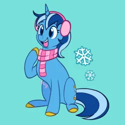 Size: 1280x1280 | Tagged: safe, artist:flightless-fox, derpibooru import, minuette, pony, blue background, clothes, cyan background, earmuffs, female, image, mare, png, scarf, simple background, solo, striped scarf