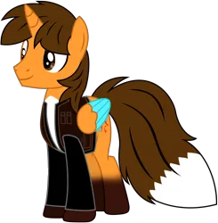 Size: 6943x7093 | Tagged: safe, artist:ejlightning007arts, derpibooru import, oc, oc:ej, alicorn, fox, fox pony, hybrid, pony, alicorn oc, clothes, coat markings, colored wings, horn, image, jacket, male, png, simple background, smiling, socks (coat marking), solo, stallion, transparent background, vector, wings