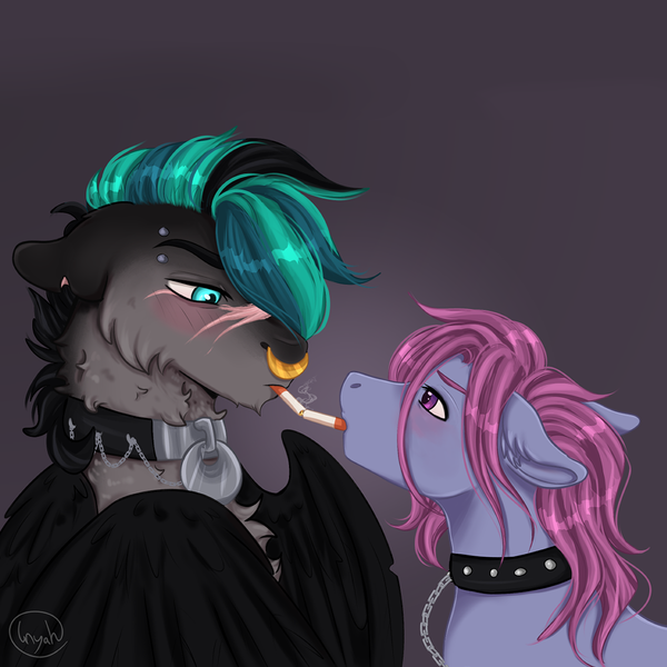 Size: 1080x1080 | Tagged: safe, artist:inyah, derpibooru import, oc, oc:axel, oc:ransom, unofficial characters only, pony, blushing, cigarette, cigarette kiss, image, male, png, smoking, stallion