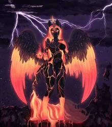 Size: 1339x1524 | Tagged: suggestive, artist:inyah, derpibooru import, oc, unofficial characters only, alicorn, anthro, alicorn oc, alternate universe, fire, horn, image, lava, png, wings