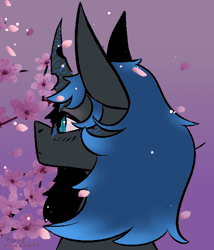 Size: 600x700 | Tagged: artist needed, safe, derpibooru import, oc, oc:sinari, unofficial characters only, changeling, changeling queen, animated, blinking, blue changeling, cherry blossoms, female, flower, flower blossom, frame by frame, gif, image, wind