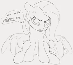 Size: 1003x885 | Tagged: safe, artist:dotkwa, derpibooru import, fluttershy, pegasus, pony, angry, cute, dialogue, female, floppy ears, gray background, grayscale, image, looking at you, madorable, mare, monochrome, peeved, png, simple background, sketch, solo, speech bubble, talking to viewer, vein bulge