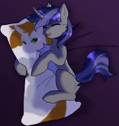 Size: 1920x2029 | Tagged: safe, artist:leobatt, derpibooru import, oc, oc:dreaming star, oc:littlepip, unofficial characters only, bat pony, bat pony unicorn, hybrid, pony, unicorn, fallout equestria, bat pony oc, bat wings, bedsheets, body pillow, chest fluff, commission, cozy, cute, fangs, happy, horn, hug, image, male, ocbetes, pale belly, pillow, pillow hug, png, stallion, wings, ych result