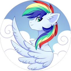 Size: 2500x2500 | Tagged: safe, artist:leah minik, derpibooru import, oc, oc:manti'core, unofficial characters only, pegasus, pony, bust, chest fluff, cloud, eye clipping through hair, eyebrows, eyebrows visible through hair, green eyes, icon, image, male, multicolored mane, pegasus oc, png, portrait, profile, sky, sky background, smiling, solo, stallion, wings