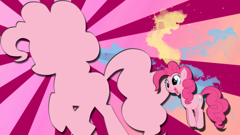 Size: 1920x1080 | Tagged: safe, artist:abadcookie, artist:koeper, artist:toruviel, derpibooru import, edit, pinkie pie, earth pony, pony, female, happy, image, jumping, mare, open mouth, open smile, paint splatter, png, silhouette, smiling, solo, sunburst background, wallpaper, wallpaper edit