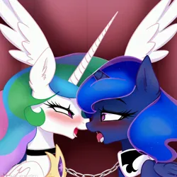 Size: 3072x3072 | Tagged: suggestive, artist:tailsopony, derpibooru import, machine learning generated, purplesmart.ai, stable diffusion, princess celestia, princess luna, alicorn, pony, anatomically incorrect, bedroom eyes, blushing, chains, collar, duo, duo female, female, females only, horn, image, incest, jpeg, kissing, lesbian, long horn, looking at each other, looking at someone, machine learning abomination, open mouth, princest, royal sisters, shipping, siblings, sisters, tailsopony's ai failures, wings