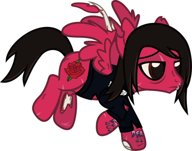 Size: 1319x1037 | Tagged: safe, artist:lightningbolt, derpibooru import, ponified, pegasus, pony, undead, zombie, zombie pony, .svg available, bags under eyes, bloodshot eyes, bone, clothes, derpibooru exclusive, feather, flying, image, lidded eyes, lip piercing, long sleeves, male, mike fuentes, pierce the veil, piercing, png, scar, simple background, solo, stallion, stitches, tattered, tattoo, torn clothes, torn ear, transparent background, vector