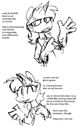Size: 546x893 | Tagged: semi-grimdark, artist:artflicker, derpibooru import, lyra heartstrings, pony, unicorn, black and white, comic, dialogue, female, grayscale, hand, image, mare, monochrome, png, sewer lyra, simple background, sketch, talking to viewer, text, that pony sure does love hands, white background