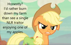 Size: 1280x823 | Tagged: episode needed, safe, derpibooru import, edit, edited screencap, screencap, applejack, earth pony, pony, derpibooru, bag, caption, image, image macro, meta, new lunar republic, png, propaganda, saddle bag, solo, text