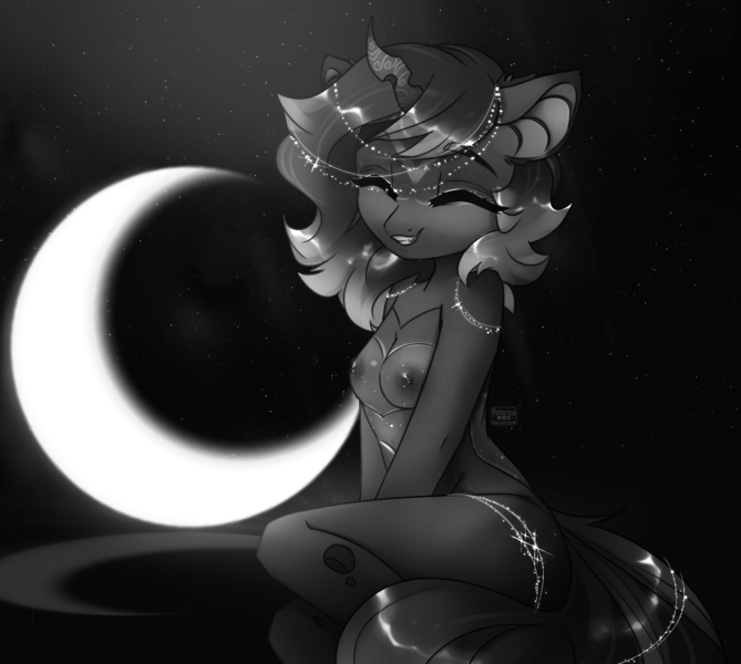 Size: 1784x1600 | Tagged: questionable, artist:radioaxi, derpibooru import, edit, oc, oc:sinari, unofficial characters only, anthro, changeling, changeling queen, blue changeling, breasts, eyes closed, female, horn, image, monochrome, moon, nipples, nudity, png, smiling, solo, stars