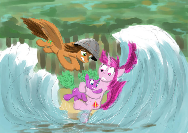 Size: 1024x725 | Tagged: safe, artist:malte279, derpibooru import, oc, oc:amethyst mint, oc:leafhelm, oc:sandy rose, pegasus, unicorn, brook, everfree forest, everfree forest doing everfree forest things, helmet, image, jpeg, one piece, pen and paper rpg, sketch, tree, wave