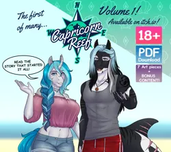 Size: 3326x2948 | Tagged: safe, artist:askbubblelee, artist:blackblood-queen, derpibooru import, oc, oc:bubble lee, oc:mako, unofficial characters only, anthro, orca, orca pony, original species, unicorn, adorasexy, advertisement in description, anthro oc, beach, belly button, big breasts, braid, breasts, choker, clothes, countershading, cute, female, freckles, holding hands, image, jewelry, logo, looking at you, makolee, male, midriff, necklace, oc x oc, ocean, png, reaching, scar, sexy, shipping, speech bubble, straight, swimming trunks, swimsuit, text, water