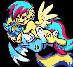 Size: 1024x928 | Tagged: safe, artist:caninecrypt, derpibooru import, oc, unofficial characters only, pegasus, pony, cute, duo, female, hug, image, jpeg, one eye closed, pegasus oc, wings