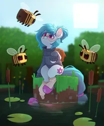 Size: 1916x2309 | Tagged: safe, artist:rexyseven, derpibooru import, oc, unofficial characters only, bee, earth pony, insect, pony, image, lilypad, minecraft, png, pond, solo, water