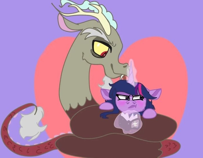 Size: 712x557 | Tagged: safe, artist:kermitting_art, derpibooru import, discord, twilight sparkle, twilight sparkle (alicorn), alicorn, draconequus, pony, coils, discolight, female, heart, hisscord, image, jpeg, levitation, magic, male, shipping, straight, telekinesis, tongue out, twilight sparkle is not amused, unamused