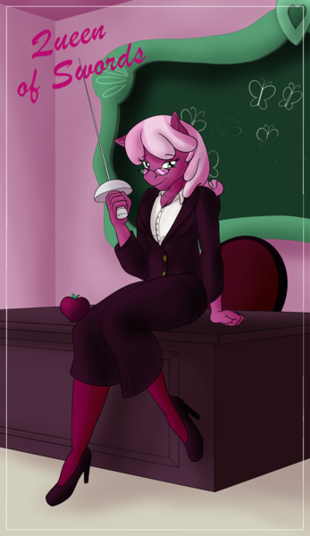 Size: 1100x1900 | Tagged: safe, artist:sixes&sevens, derpibooru import, cheerilee, anthro, earth pony, apple, chalkboard, clothes, desk, explicit source, female, food, glasses, high heels, image, leggings, minor arcana, png, queen of swords, rapier, shoes, sitting, skirt, solo, solo female, sword, tarot card, weapon