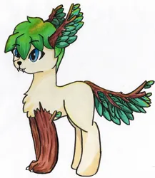 Size: 3765x4343 | Tagged: safe, artist:backgroundpony#f352, derpibooru import, oc, oc:daisygreen, unofficial characters only, original species, timber pony, timber wolf, claws, eyes open, fangs, female, green mane, image, jpeg, leaves, marker drawing, simple background, solo, solo female, species swap, traditional art, white background