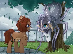 Size: 2700x2000 | Tagged: safe, artist:shelti, derpibooru import, oc, oc:owl, unofficial characters only, earth pony, monster pony, original species, pony, spiderpony, colored pupils, colored sclera, countershading, female, frown, grass, heterochromia, image, jpeg, leaves, looking at each other, looking at someone, mare, outdoors, raised hoof, smiling, tree