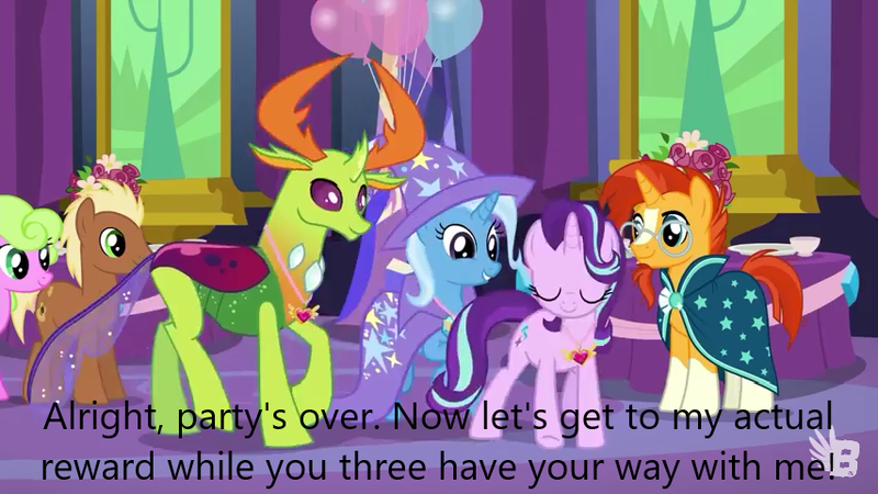 Size: 854x480 | Tagged: suggestive, derpibooru import, edit, edited screencap, screencap, starlight glimmer, sunburst, thorax, trixie, changedling, changeling, pony, unicorn, celestial advice, caption, equestrian pink heart of courage, image, image macro, implied bisexual, implied foursome, implied sex, king thorax, png, text