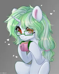 Size: 2000x2500 | Tagged: safe, artist:shelti, derpibooru import, oc, unofficial characters only, pony, unicorn, colored pupils, commission, drink, female, glasses, gray background, hair tie, heart, hoof hold, horn, image, jpeg, looking at you, mare, mug, simple background, sitting, smiling