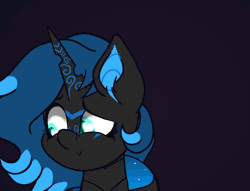 Size: 1413x1080 | Tagged: safe, artist:theotherpony, derpibooru import, oc, oc:sinari, unofficial characters only, changeling, changeling queen, pony, animated, blue changeling, blushing, commission, cute, facial markings, female, fourth wall, gif, image, kissing, kissing the screen, looking at you, looking away, loop, mare, perfect loop, simple background, smiling, smiling at you, solo, ych result