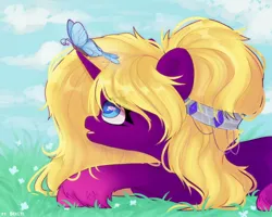 Size: 2500x2000 | Tagged: safe, artist:shelti, derpibooru import, oc, unofficial characters only, butterfly, insect, pony, unicorn, cloud, colored pupils, daytime, female, gradient hooves, hairband, horn, image, jpeg, looking up, lying down, mare, open mouth, outdoors, prone, sky, solo, unshorn fetlocks