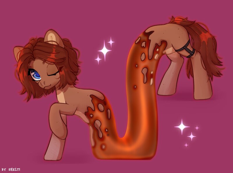 Size: 2494x1853 | Tagged: safe, artist:shelti, derpibooru import, oc, oc:owl, unofficial characters only, earth pony, goo, pony, countershading, female, image, jpeg, long, mare, one eye closed, pink background, raised hoof, simple background, smiling, solo, stars, stretchy, wink