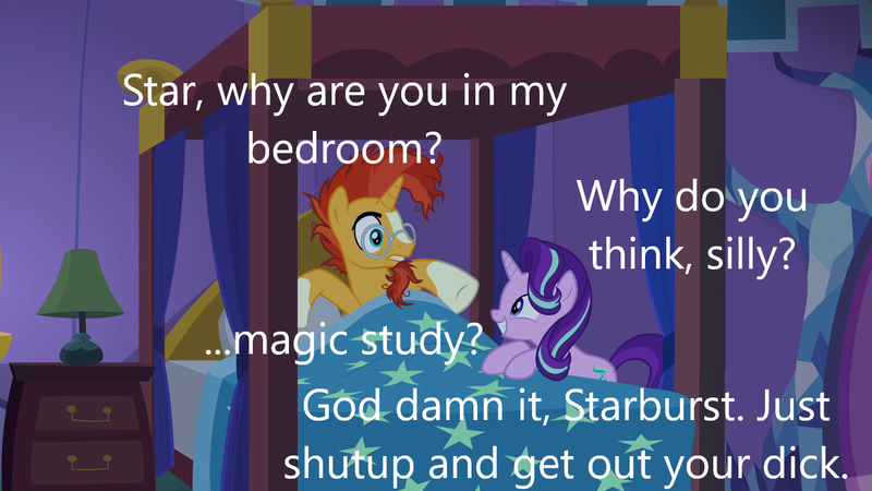 Size: 1280x720 | Tagged: suggestive, derpibooru import, edit, edited screencap, screencap, starlight glimmer, sunburst, pony, unicorn, uncommon bond, caption, female, image, image macro, implied sex, male, png, shipping, starburst, straight, text