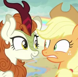 Size: 1086x1080 | Tagged: safe, derpibooru import, screencap, applejack, autumn blaze, earth pony, kirin, pony, season 8, sounds of silence, spoiler:s08, a kirin tale, cropped, duo, duo female, eye contact, female, image, jpeg, looking at each other, looking at someone, mare, rainbow, singing, uneasy