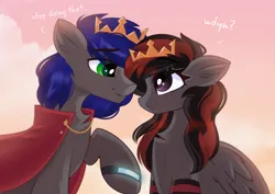 Size: 3508x2480 | Tagged: safe, artist:janelearts, derpibooru import, oc, oc:mb midnight breeze, oc:se solar eclipse, pegasus, adorable face, cape, clothes, couple, crown, cute, image, jewelry, king and queen, love, pegasus oc, playful, png, regalia, true love, watch, wings, wristwatch