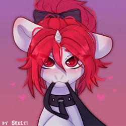 Size: 1000x1000 | Tagged: safe, artist:shelti, derpibooru import, oc, unofficial characters only, pony, unicorn, blushing, bow, bust, collar, colored pupils, commission, female, gradient background, heart, horn, image, jpeg, leash, looking at you, mare, mouth hold, offscreen character, pov, sitting