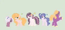 Size: 1924x880 | Tagged: safe, artist:roseloverofpastels, derpibooru import, little mac, oc, oc:buttercup flow, oc:honey crisp, oc:pink lady apple, oc:rare jewel, earth pony, pony, unicorn, base used, female, filly, foal, green background, half-siblings, image, male, mare, offspring, parent:big macintosh, parent:fancypants, parent:rarity, parents:rarimac, parents:raripants, png, siblings, simple background, stallion