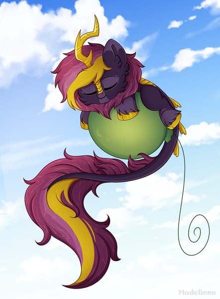 Size: 3200x4343 | Tagged: safe, artist:madelinne, derpibooru import, oc, unofficial characters only, kirin, balloon, cloud, commission, image, kirin oc, leonine tail, png, sleeping, solo, tail