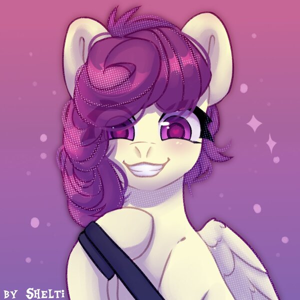 Size: 1000x1000 | Tagged: safe, artist:shelti, derpibooru import, oc, unofficial characters only, pegasus, pony, bust, colored pupils, female, folded wings, gradient background, grin, hoof hold, image, jpeg, leash, looking at you, mare, offscreen character, smiling, solo, wings