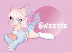 Size: 2700x2000 | Tagged: safe, artist:shelti, derpibooru import, oc, oc:sweetie, unofficial characters only, bat pony, pony, bat wings, bowl, clothes, colored pupils, eating, female, food, image, jacket, jpeg, looking at you, lying down, mare, prone, socks, solo, spread wings, unshorn fetlocks, wings