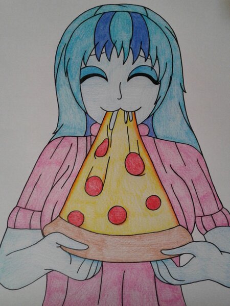 Size: 1536x2048 | Tagged: safe, artist:c_w, derpibooru import, sonata dusk, equestria girls, eyes closed, female, food, image, jpeg, pizza, solo, traditional art