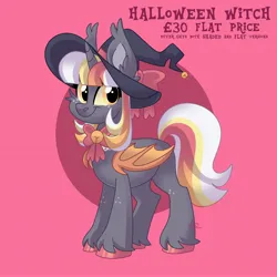 Size: 4096x4096 | Tagged: safe, artist:fizzlefer, derpibooru import, oc, unofficial characters only, alicorn, bat pony, bat pony alicorn, pony, adoptable, bat wings, gradient background, hat, horn, image, jpeg, solo, wings, witch hat