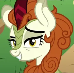 Size: 379x370 | Tagged: safe, derpibooru import, screencap, autumn blaze, kirin, season 8, sounds of silence, spoiler:s08, a kirin tale, cropped, eyebrows, female, grin, image, lidded eyes, looking at you, png, raised eyebrow, smiling, smug, solo