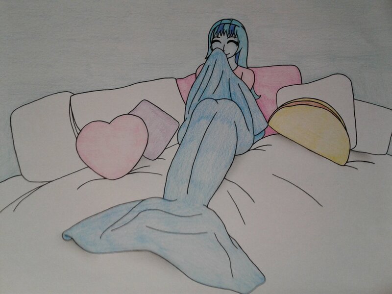 Size: 2048x1536 | Tagged: safe, artist:c_w, derpibooru import, sonata dusk, human, mermaid, equestria girls, blanket, cute, eyes closed, female, food, image, jpeg, pillow, smiling, solo, sonatabetes, sonataco, taco, traditional art