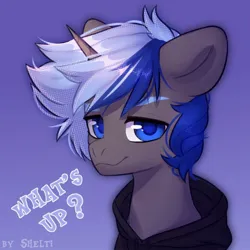 Size: 1000x1000 | Tagged: safe, artist:shelti, derpibooru import, oc, unofficial characters only, pony, unicorn, bust, clothes, colored pupils, commission, dialogue, gradient background, hoodie, horn, image, jpeg, looking at you, male, sitting, smiling, solo, stallion, text